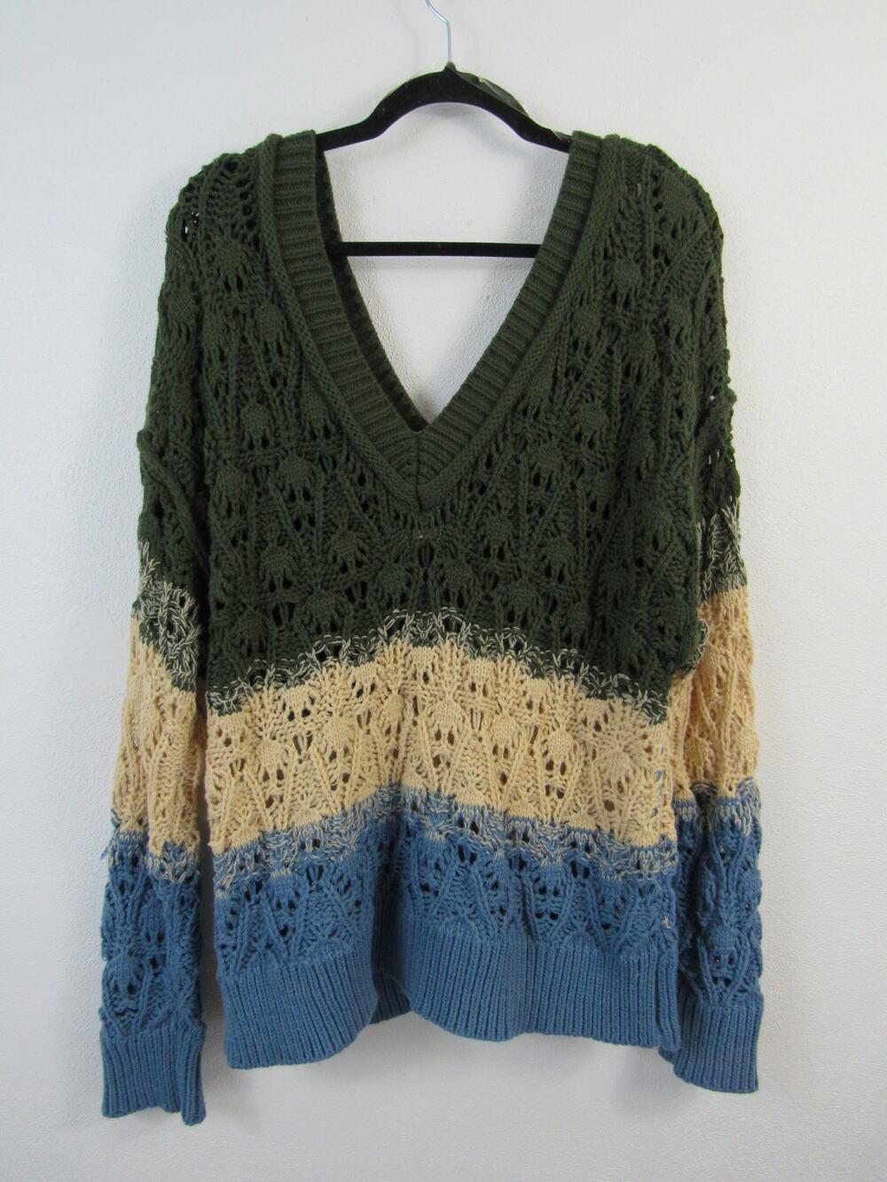POL Medium Open Weave V Neck Sweater Open Knit Blue Olive Green Cream Tan